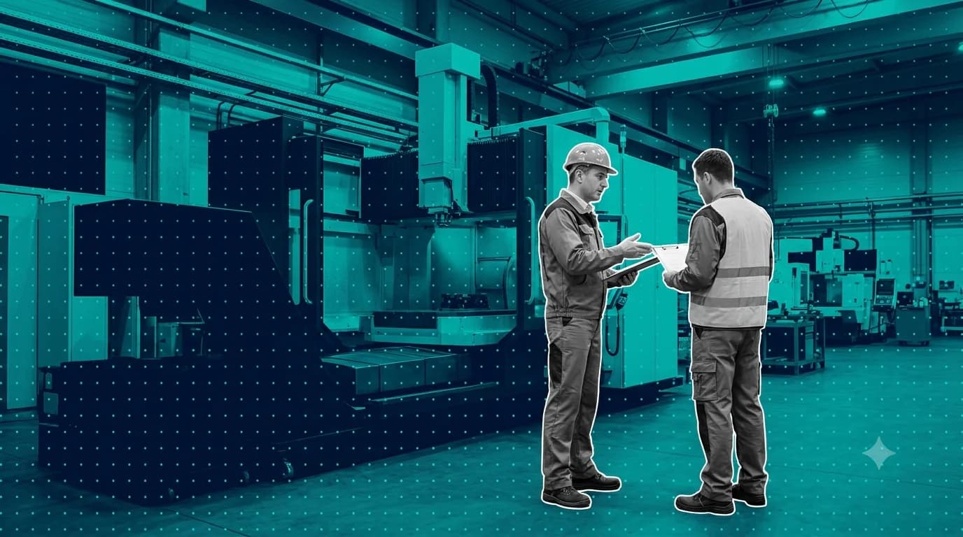 Plant maintenance manager and an external service contractor reviewing a document beside industrial equipment