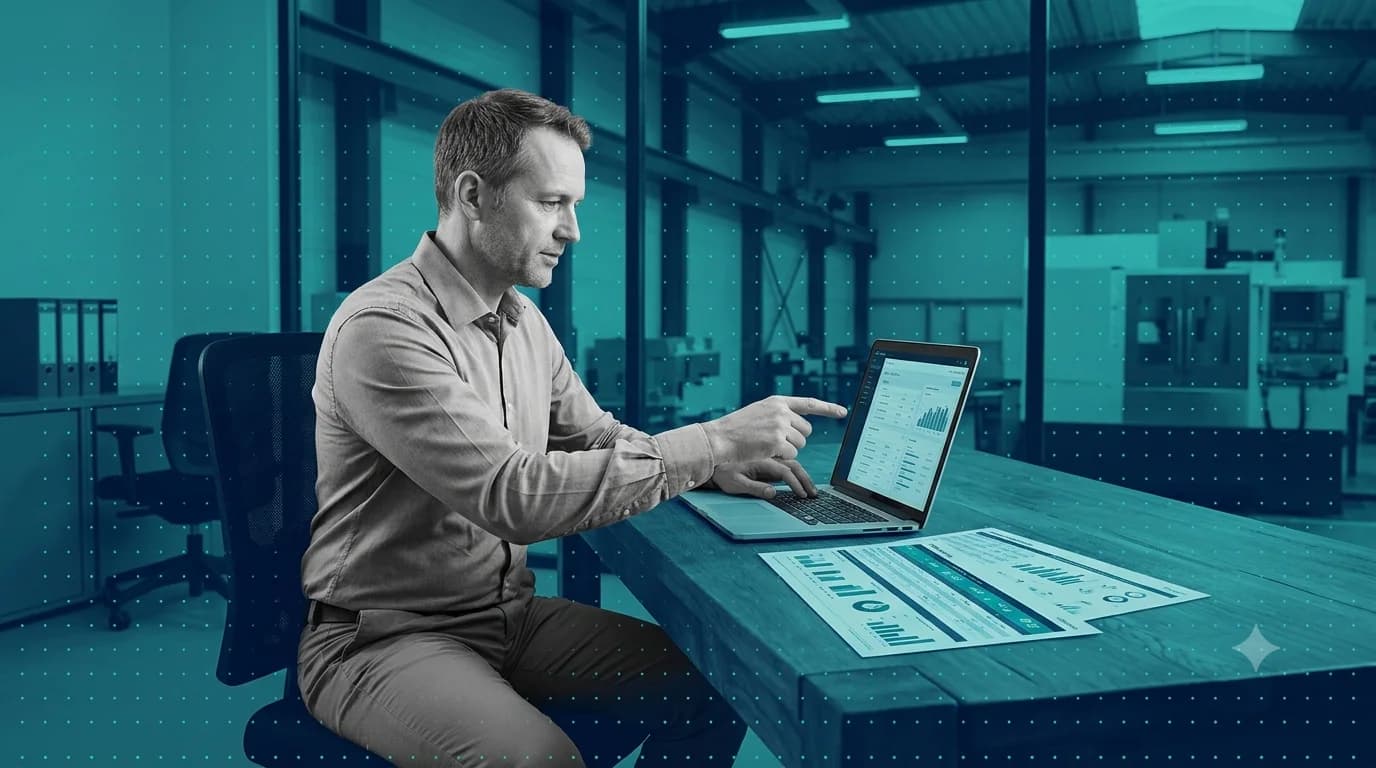 Plant manager reviewing a CMMS comparison on a laptop with printed charts on the desk