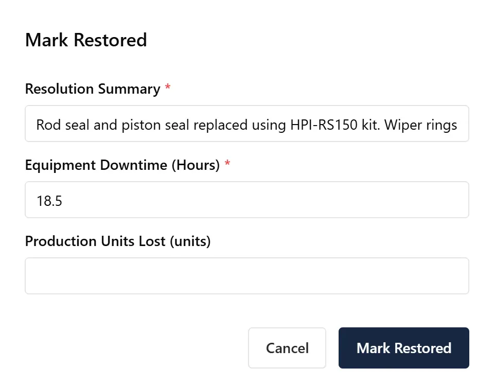 MachDatum CMMS work order closing screen with mandatory downtime hours and root cause fields for downtime tracking software