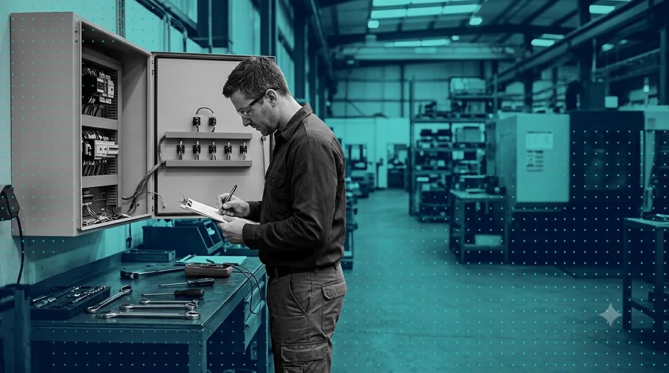 Factory maintenance technician writing on a clipboard next to an open equipment panel