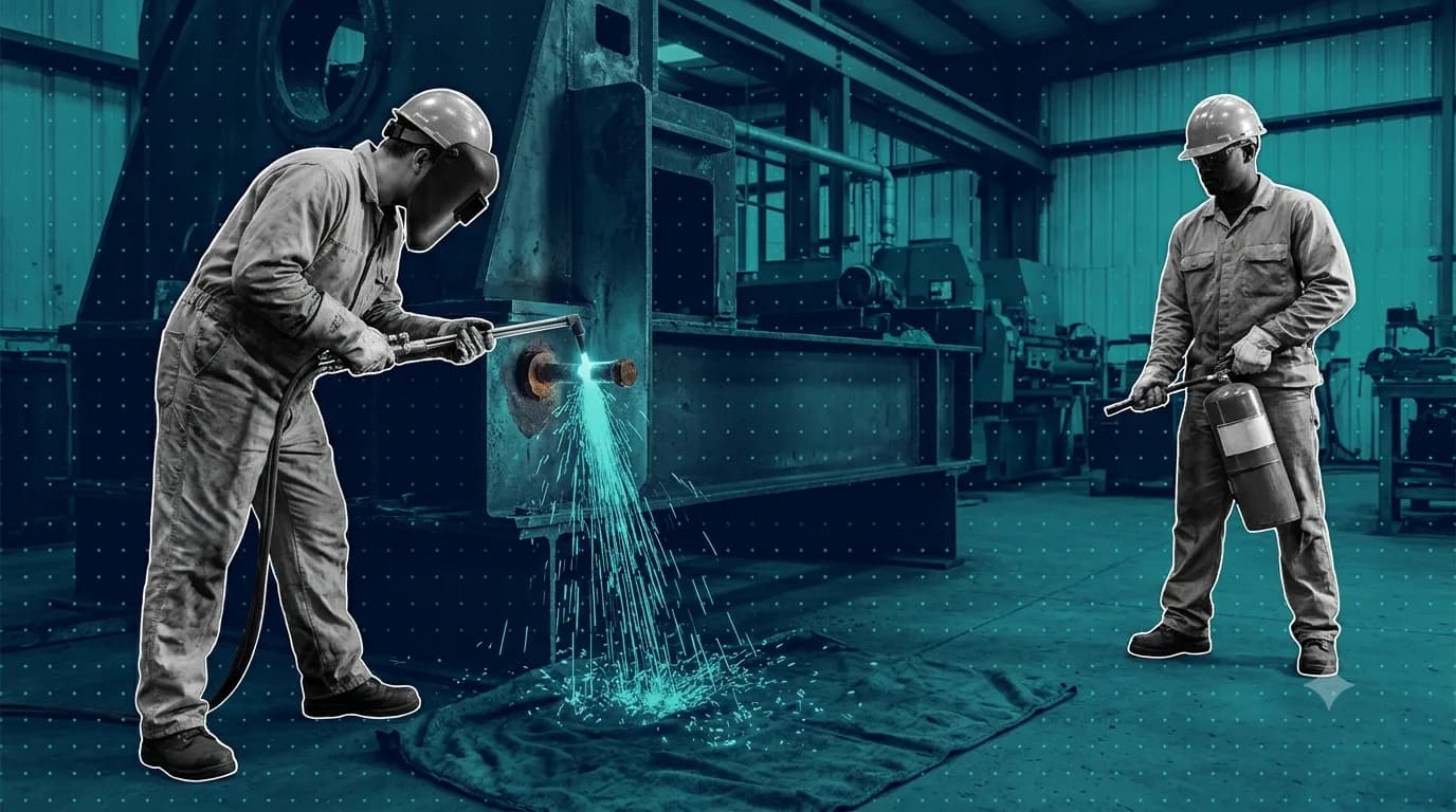 Maintenance technician in a welding helmet torch-cutting a seized bolt on a steel machine frame, sparks falling onto a fire blanket, while a second worker stands fire watch holding an extinguisher