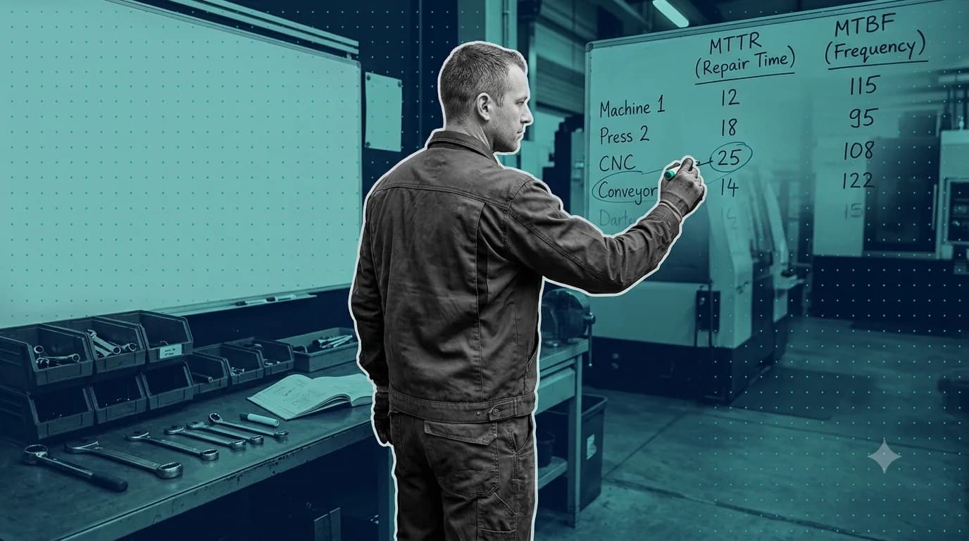 Maintenance planner comparing MTTR repair-time and MTBF frequency numbers for several machines on a whiteboard
