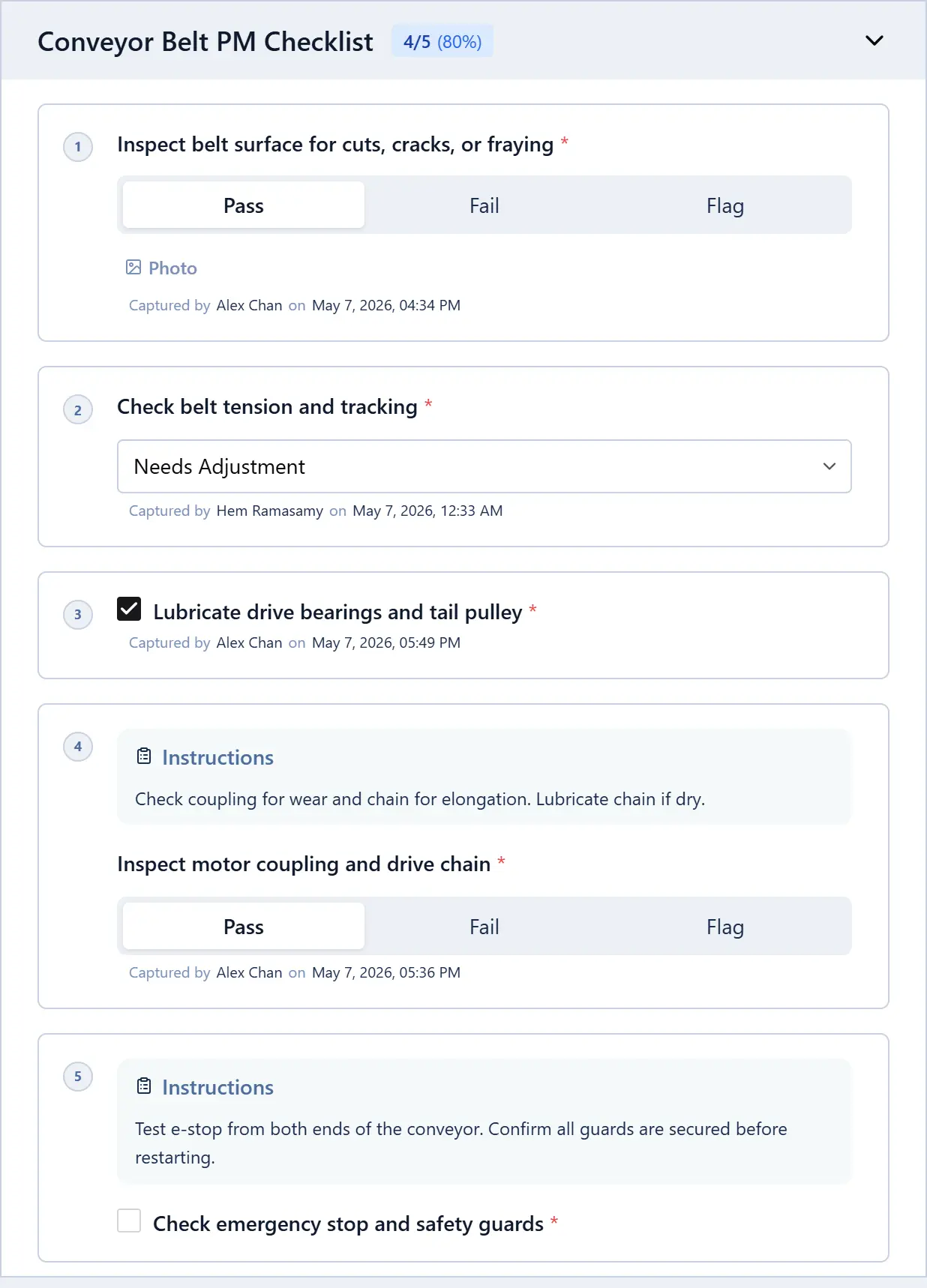Checklist steps being completed on a work order