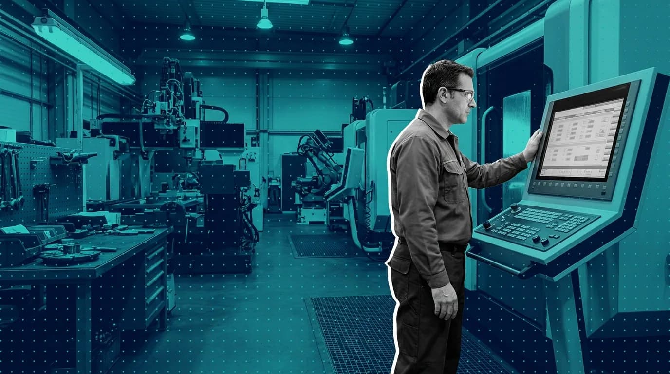 Production supervisor standing at a machine's HMI control panel in a machine shop, reading the shift's run hours off the screen