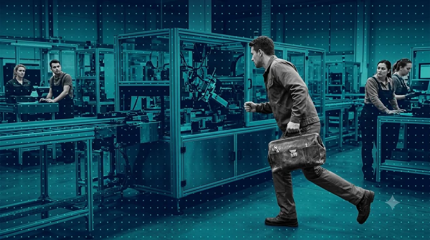 Technician rushing toward a stalled machine with a tool bag as nearby workers pause
