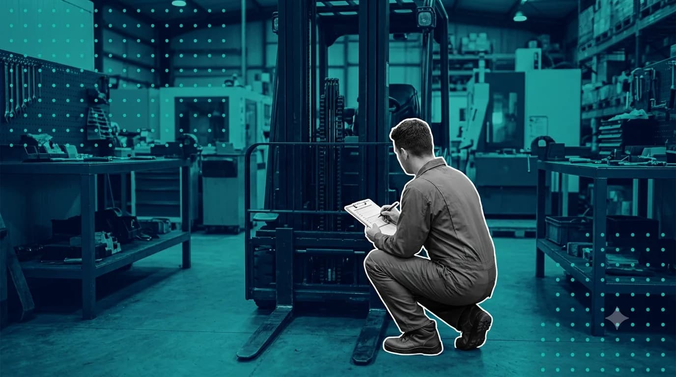 Technician crouched beside a forklift's mast, completing a pre-shift inspection checklist on a clipboard
