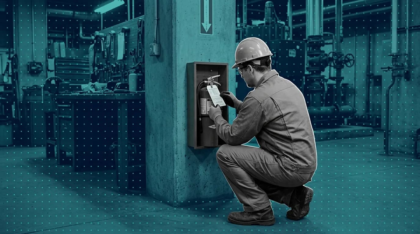 Plant safety officer in a hard hat crouched at a wall-mounted fire extinguisher cabinet, checking the inspection tag hanging from the extinguisher