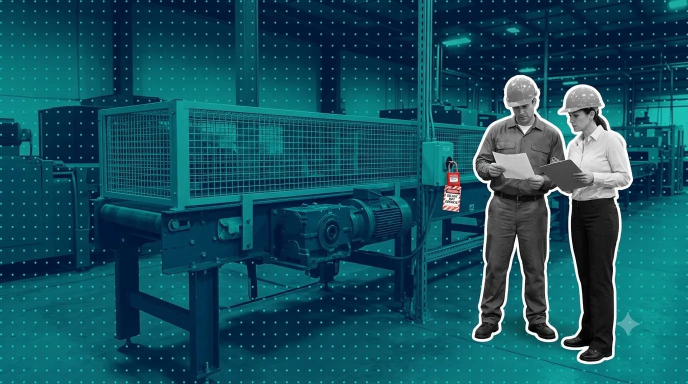 Maintenance technician and supervisor in hard hats beside a guarded conveyor drive, reading a task sheet together, with a red lockout tag hanging on the motor isolator