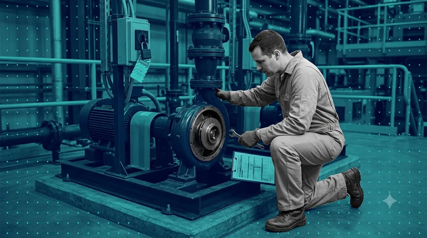 Maintenance technician kneeling beside an opened centrifugal pump on a skid, wrench in hand, with a clipboard holding a printed task-hazard form propped against the pump base and a padlock and tag hanging on the isolator box behind the pump