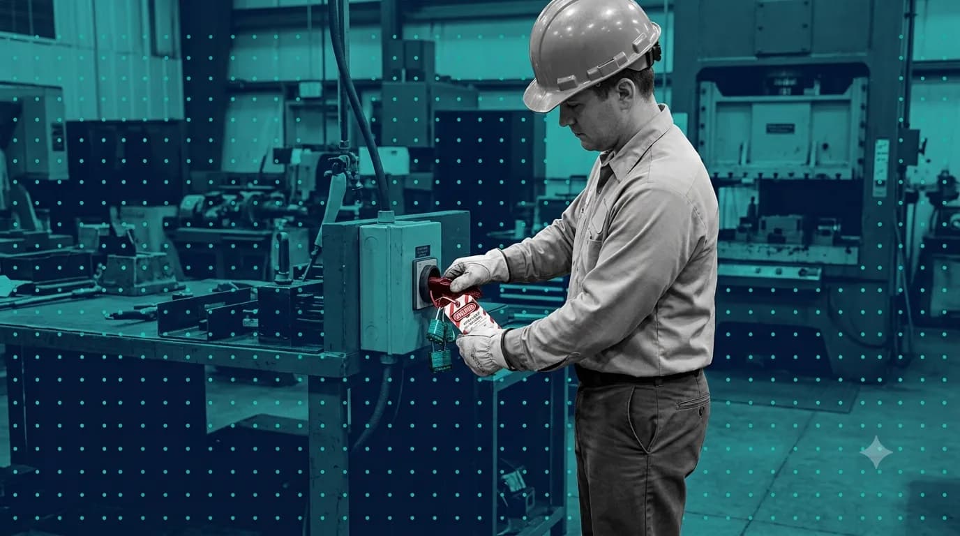 Maintenance technician in a hard hat fitting a red padlock and danger tag to an electrical disconnect switch, with more padlocks hanging from the lockout hasp and a press in the background