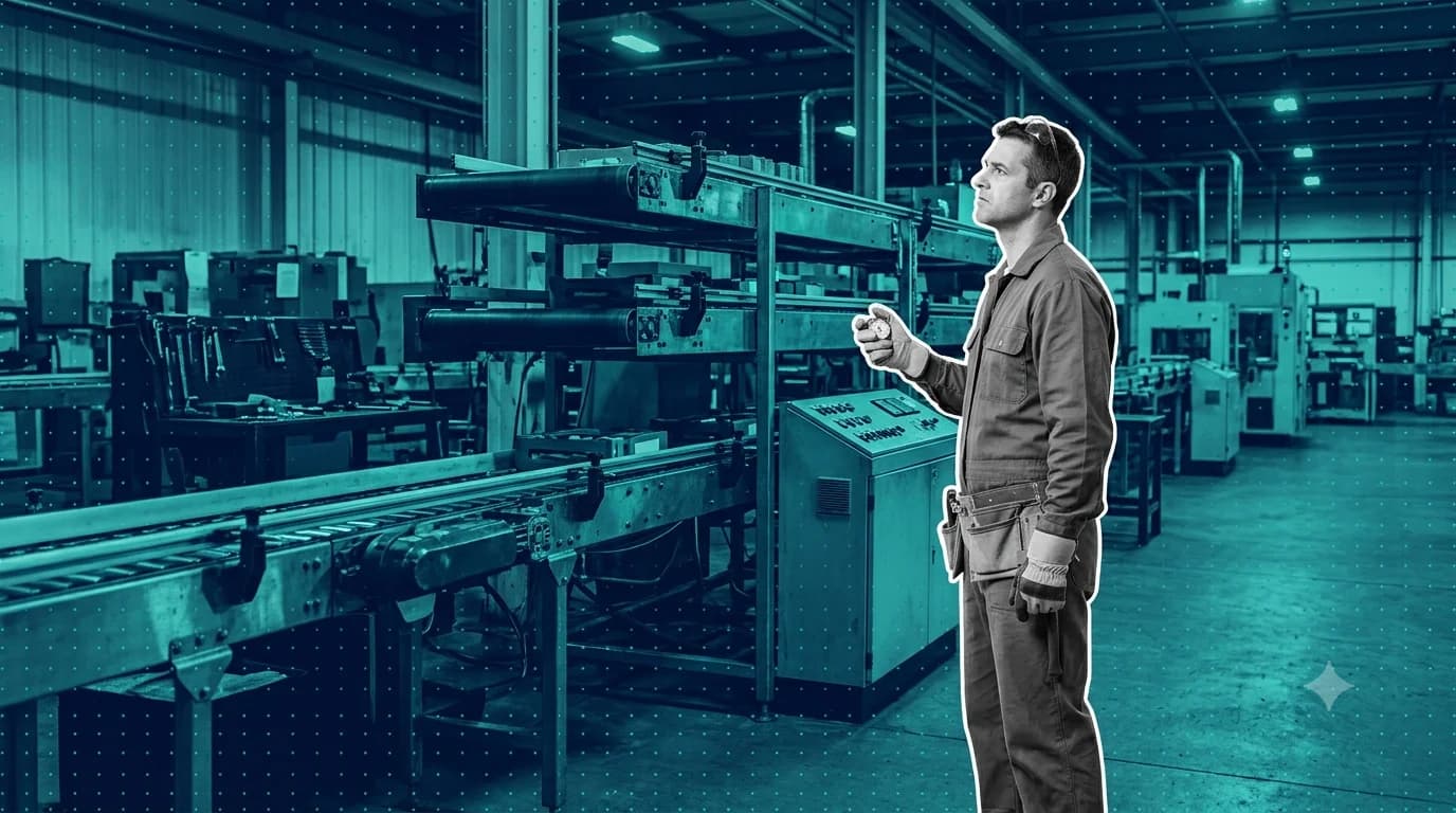 Technician standing beside a stopped conveyor line looking up at the idle machinery