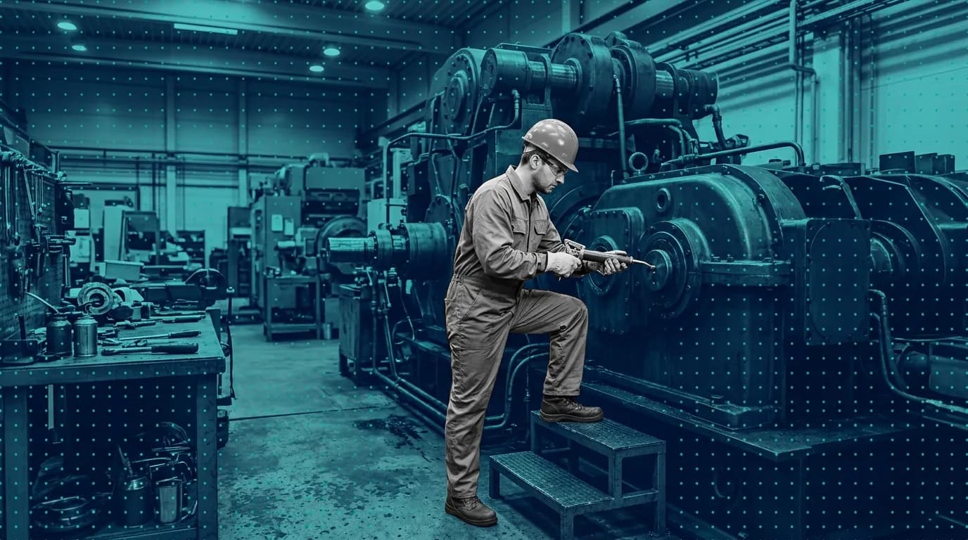 Maintenance technician on a step platform applying a grease gun to a gearbox fitting on a large production machine