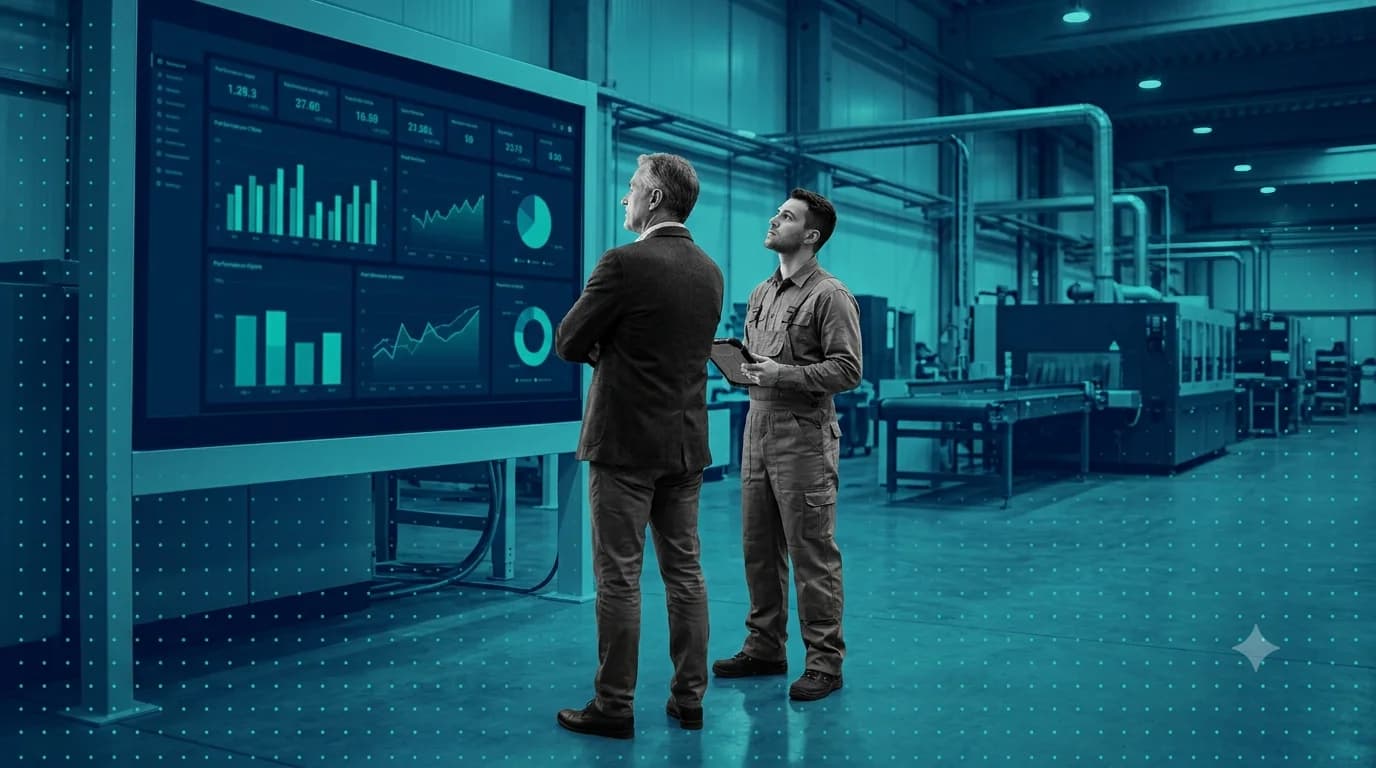 Plant manager and technician reviewing maintenance KPI charts on a large wall-mounted screen