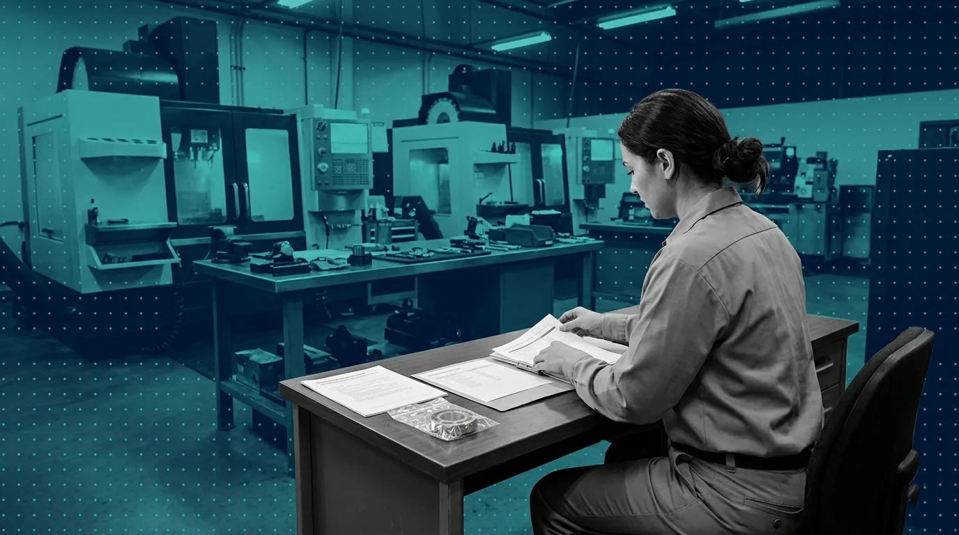 Maintenance planner at a desk beside the shop floor, assembling a job pack from a printed procedure, a parts list, and a bagged spare bearing