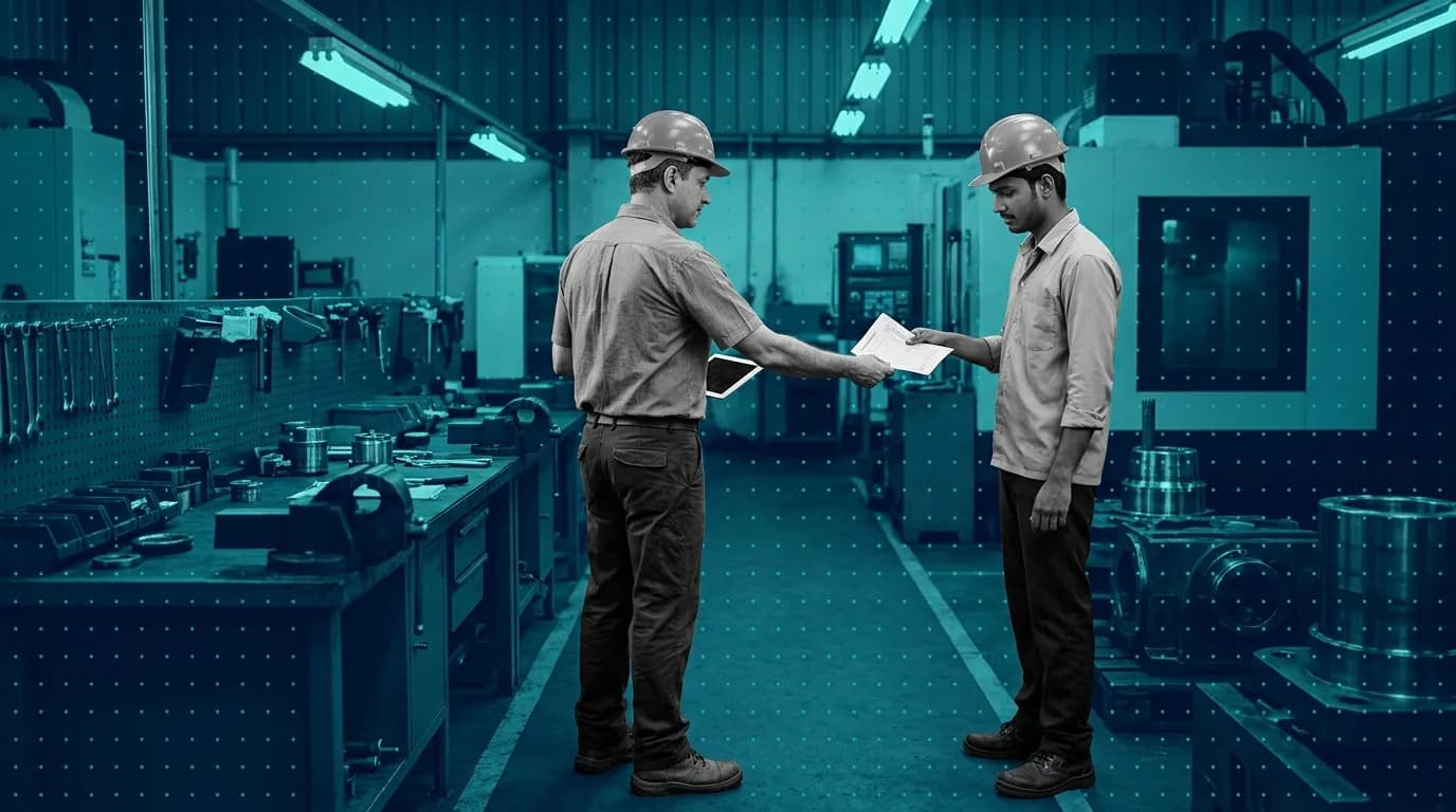 Maintenance supervisor holding a tablet, taking a completed paper job card back from a technician in a machine shop aisle