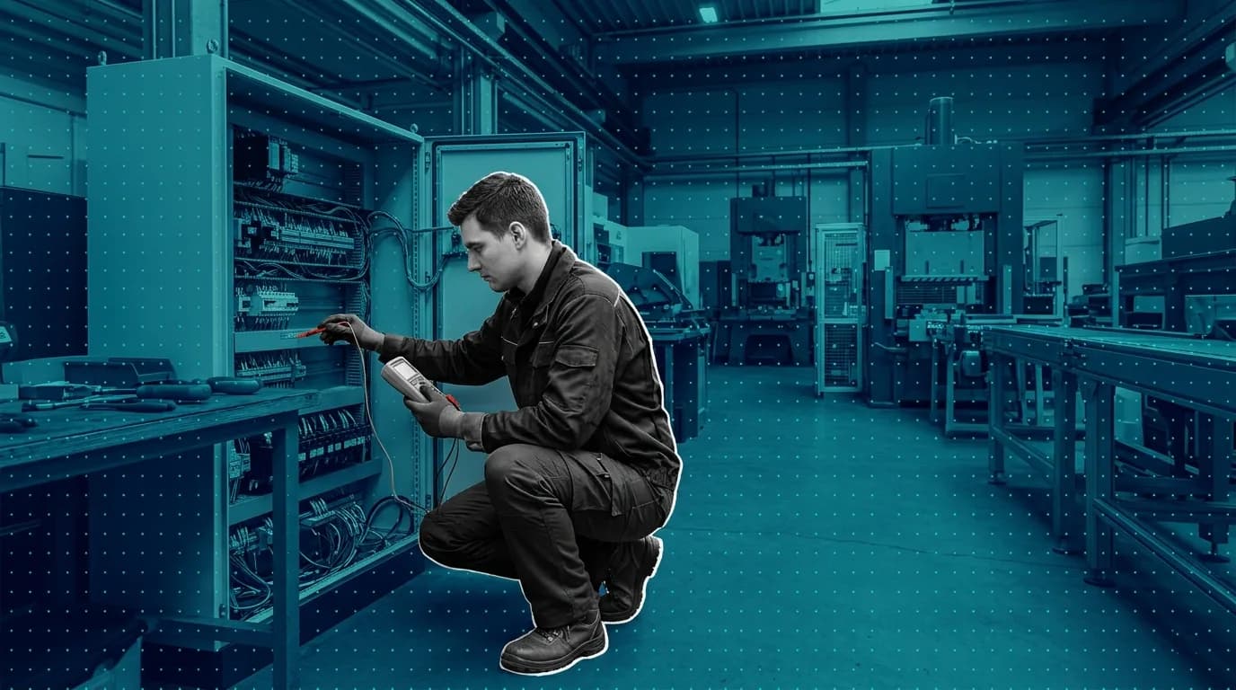 Maintenance technician crouched at an open electrical control cabinet, taking a reading with a multimeter