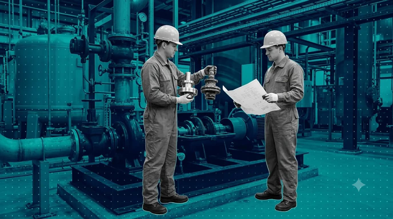 Two maintenance workers at an industrial pump skid, one holding a new replacement part beside the old corroded one while the other checks a printed engineering drawing