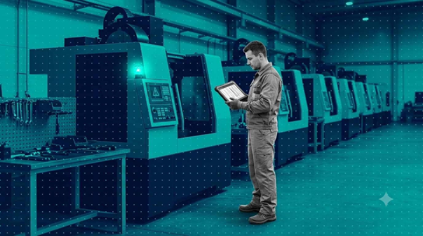 Technician checking a tablet showing a failure-history readout in front of a row of CNC machines