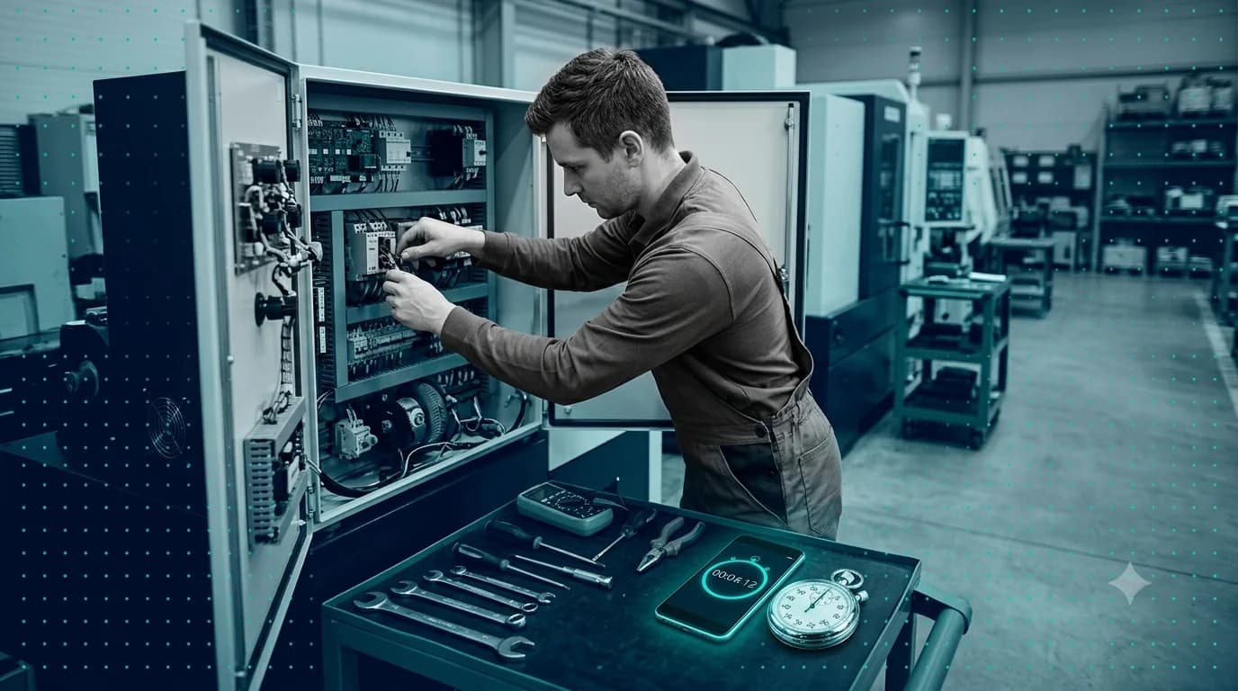 Technician repairing an open equipment panel with a stopwatch and tools laid out on a workbench