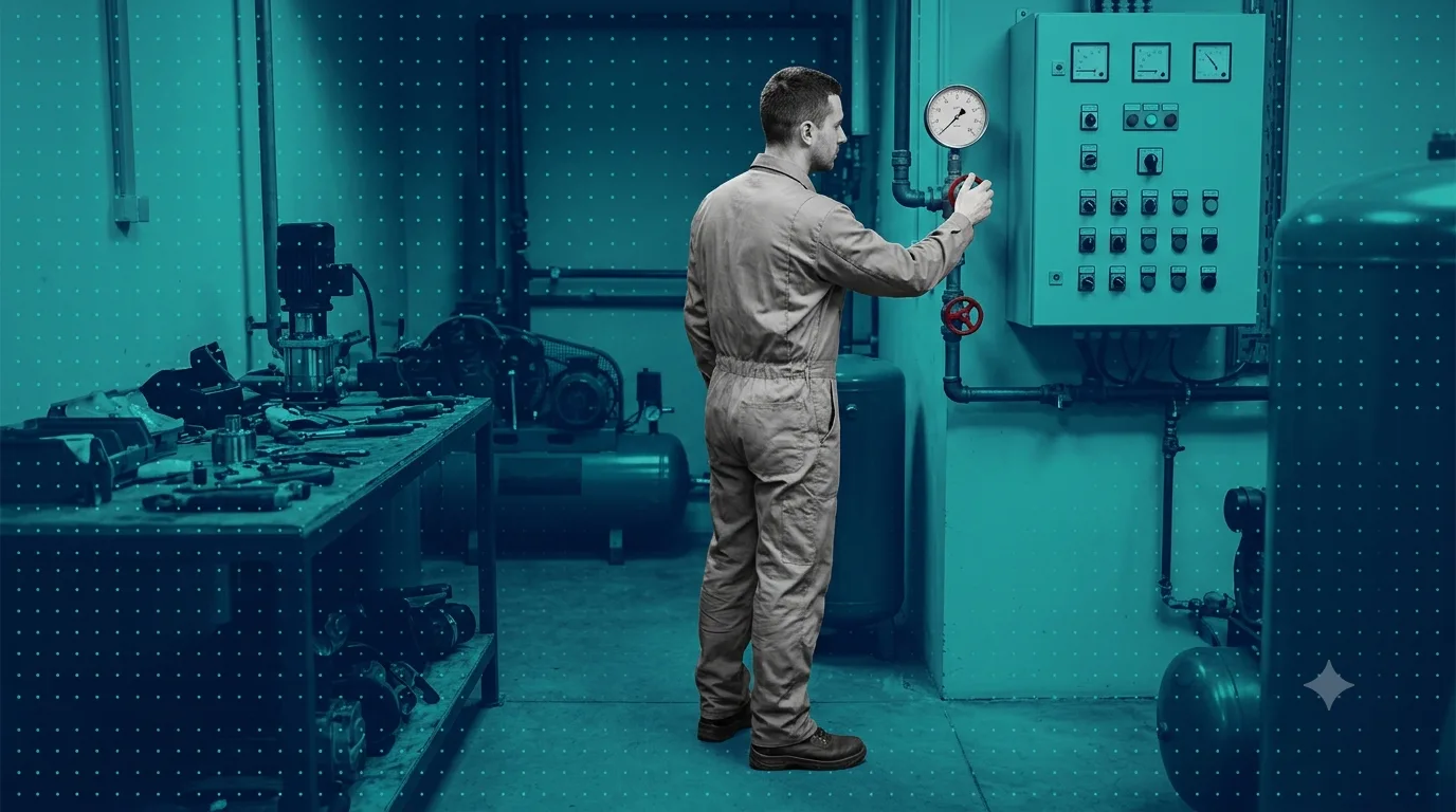Technician at a wall-mounted utility control panel adjusting a valve while checking a pressure gauge