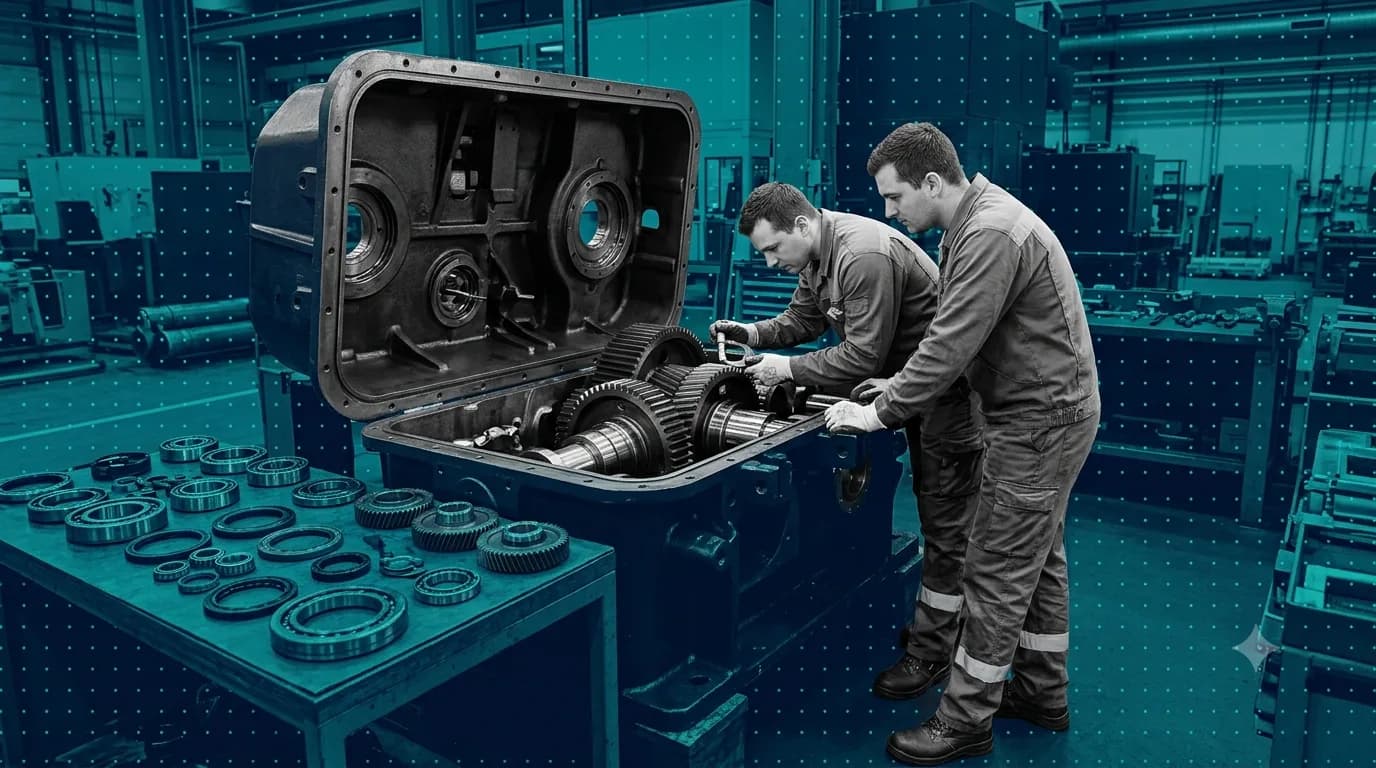Two maintenance technicians working inside a large industrial gearbox with its casing opened, one checking a gear with a measuring tool, with bearings, seals and gears laid out on a workbench beside them