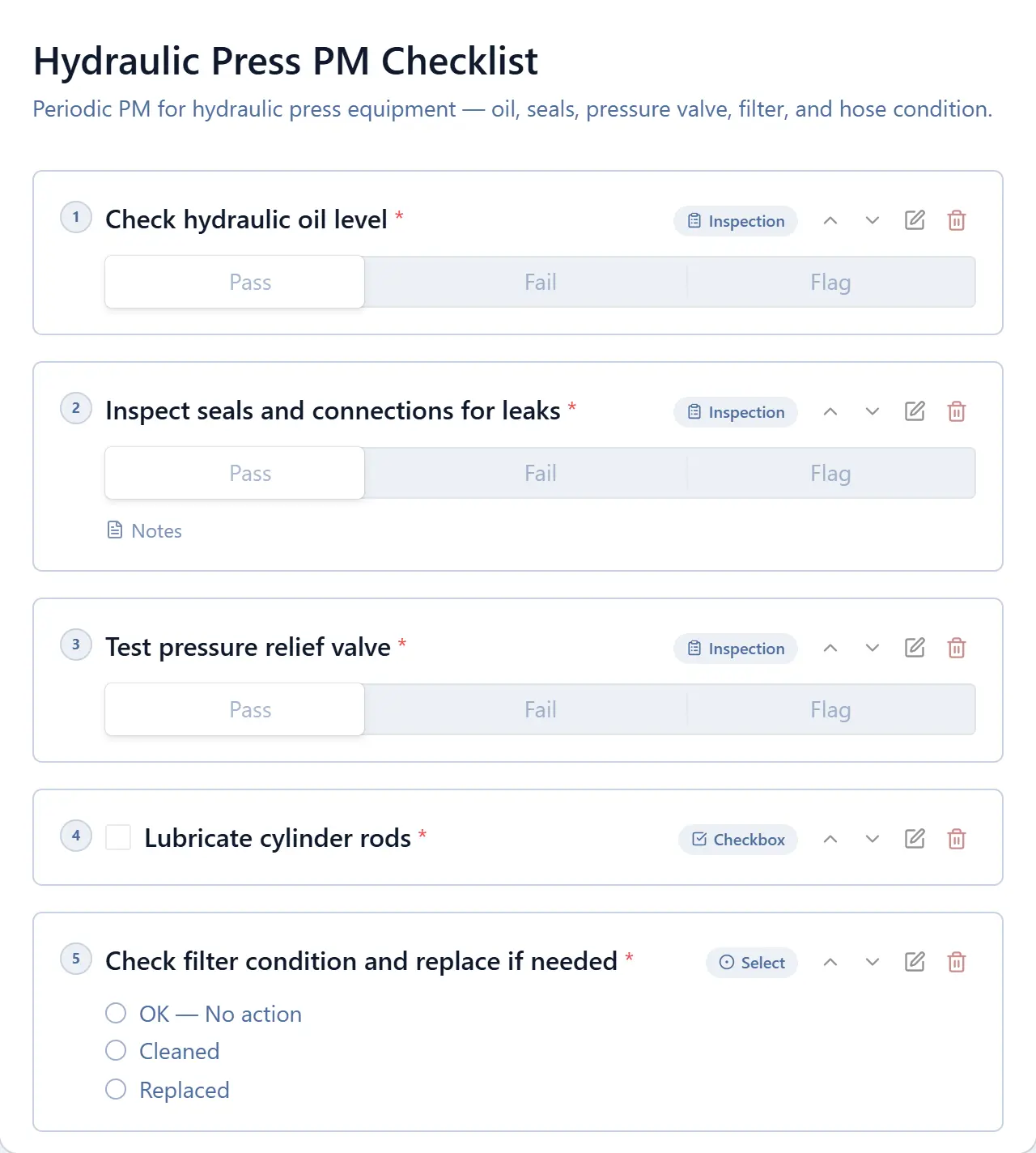 MachDatum CMMS preventive maintenance checklist showing timestamped steps and mandatory completion for equipment PM