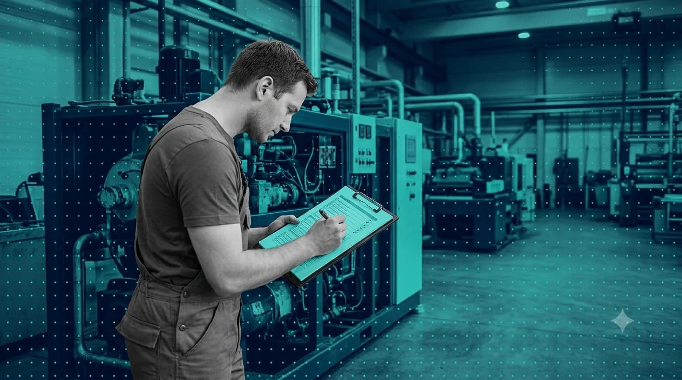 Technician working through a printed checklist while inspecting a piece of equipment up close
