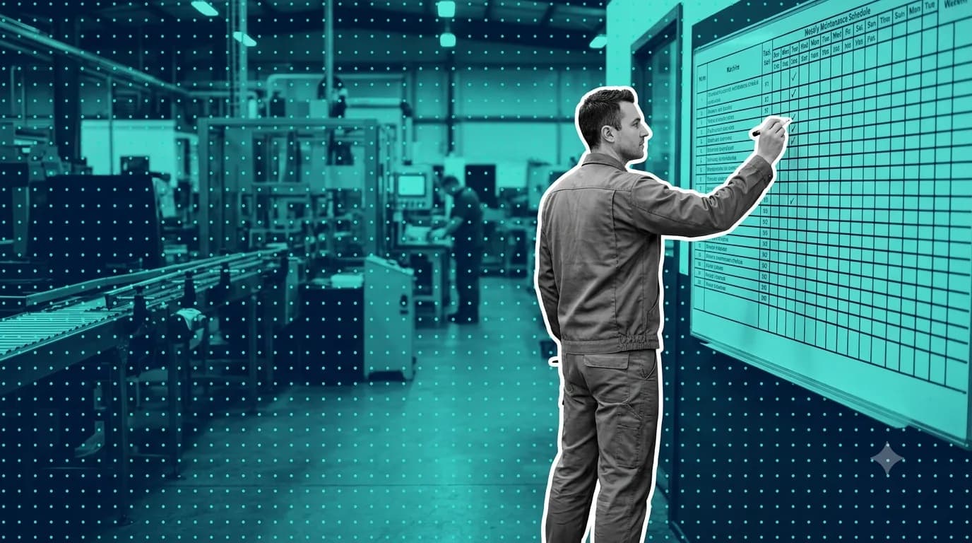 Maintenance planner in work overalls ticking off a task on a wall-mounted weekly maintenance schedule board beside a production line