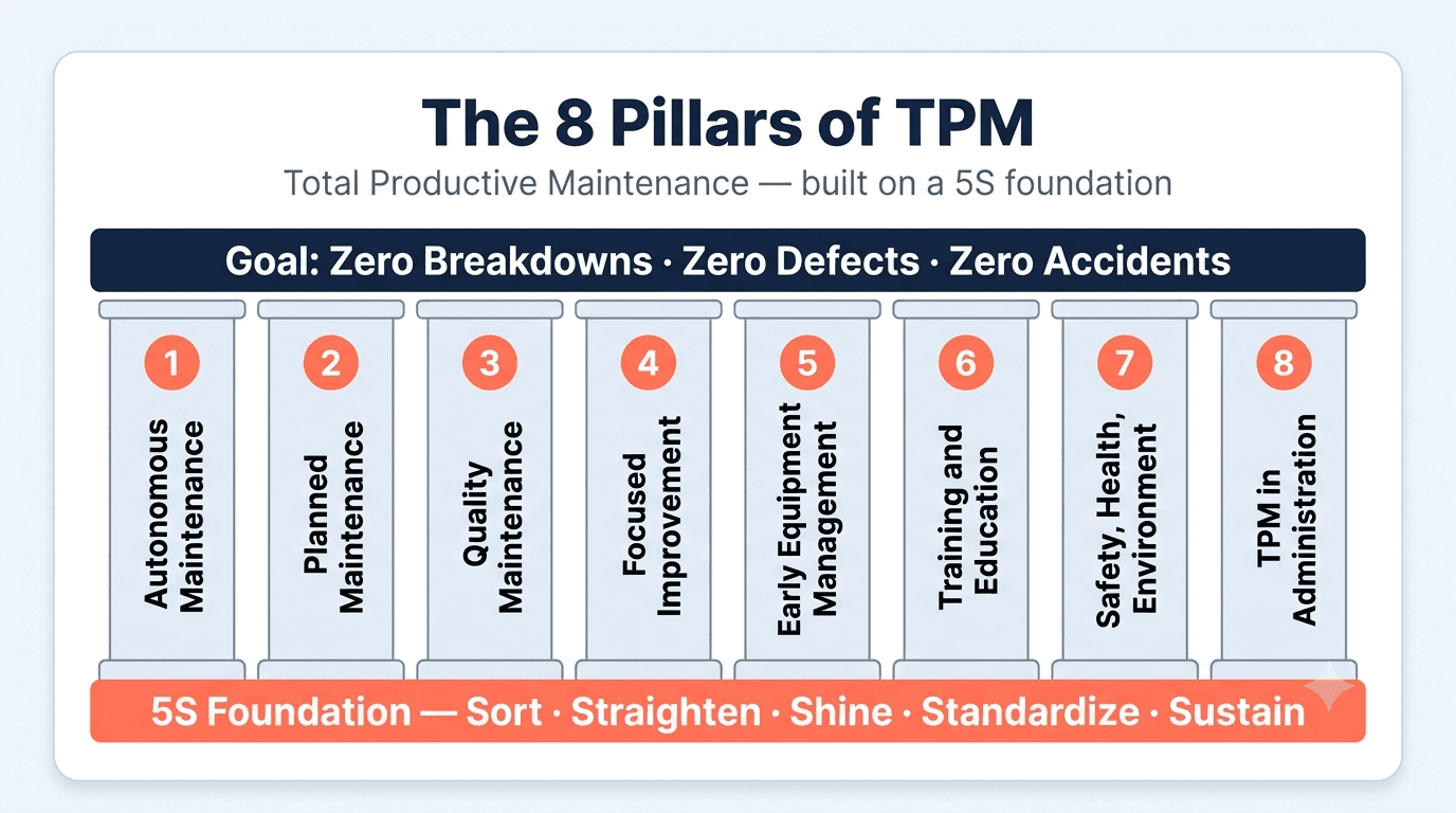 The 8 pillars of TPM — Autonomous Maintenance, Planned Maintenance, Quality Maintenance, Focused Improvement, Early Equipment Management, Training and Education, Safety Health Environment, and TPM in Administration — standing on a 5S foundation
