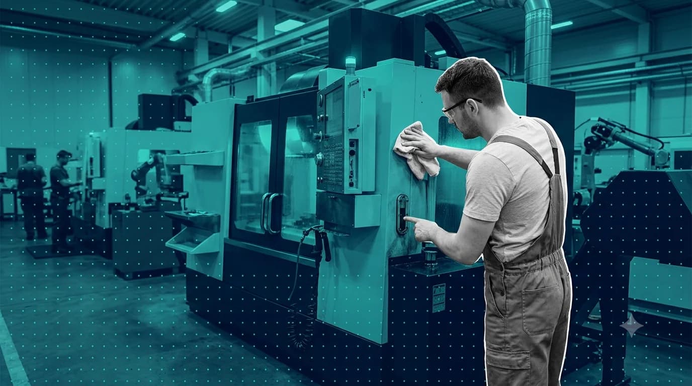 Machine operator cleaning and inspecting their own equipment panel as part of daily upkeep
