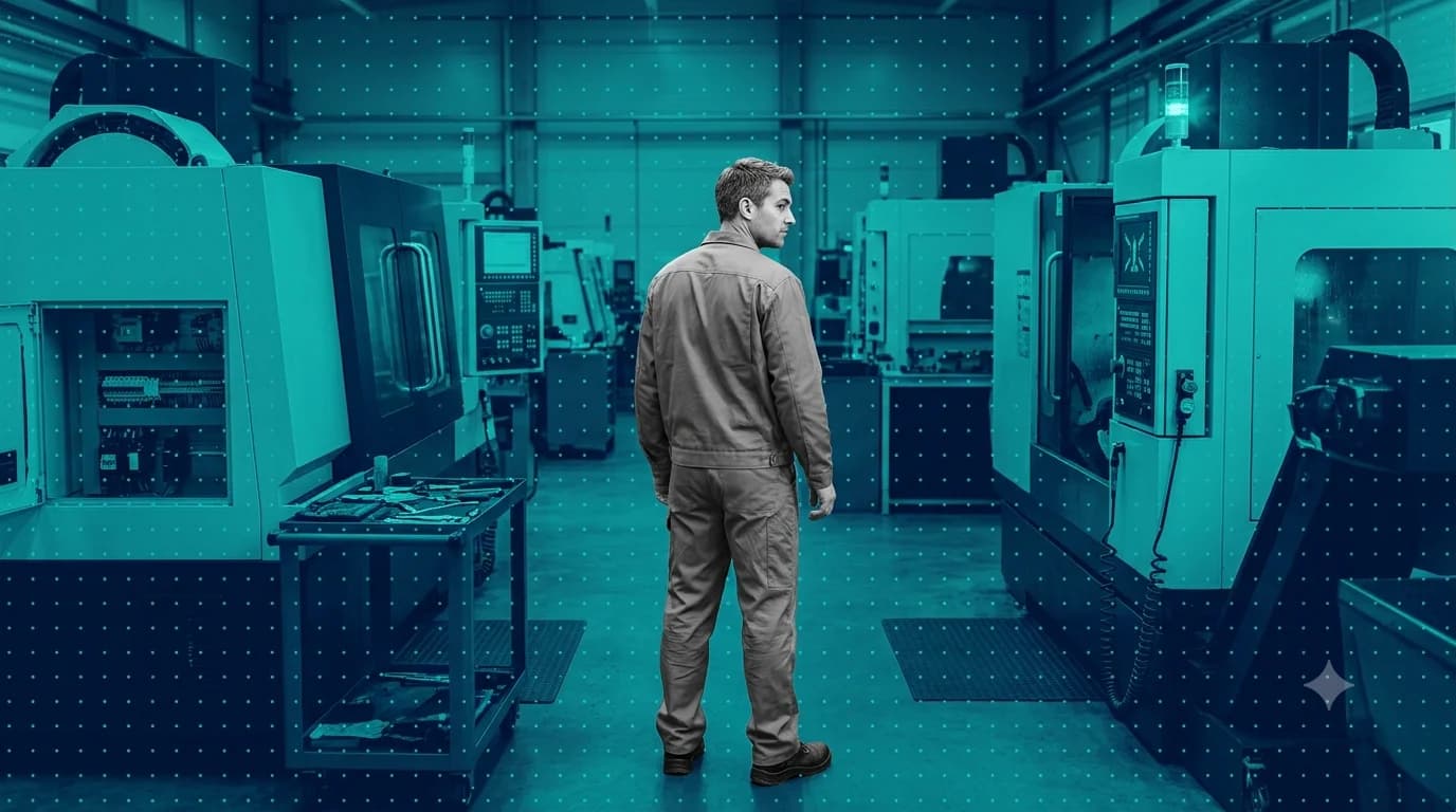 Technician standing between two machines, one under routine service and one flagged with a fault light