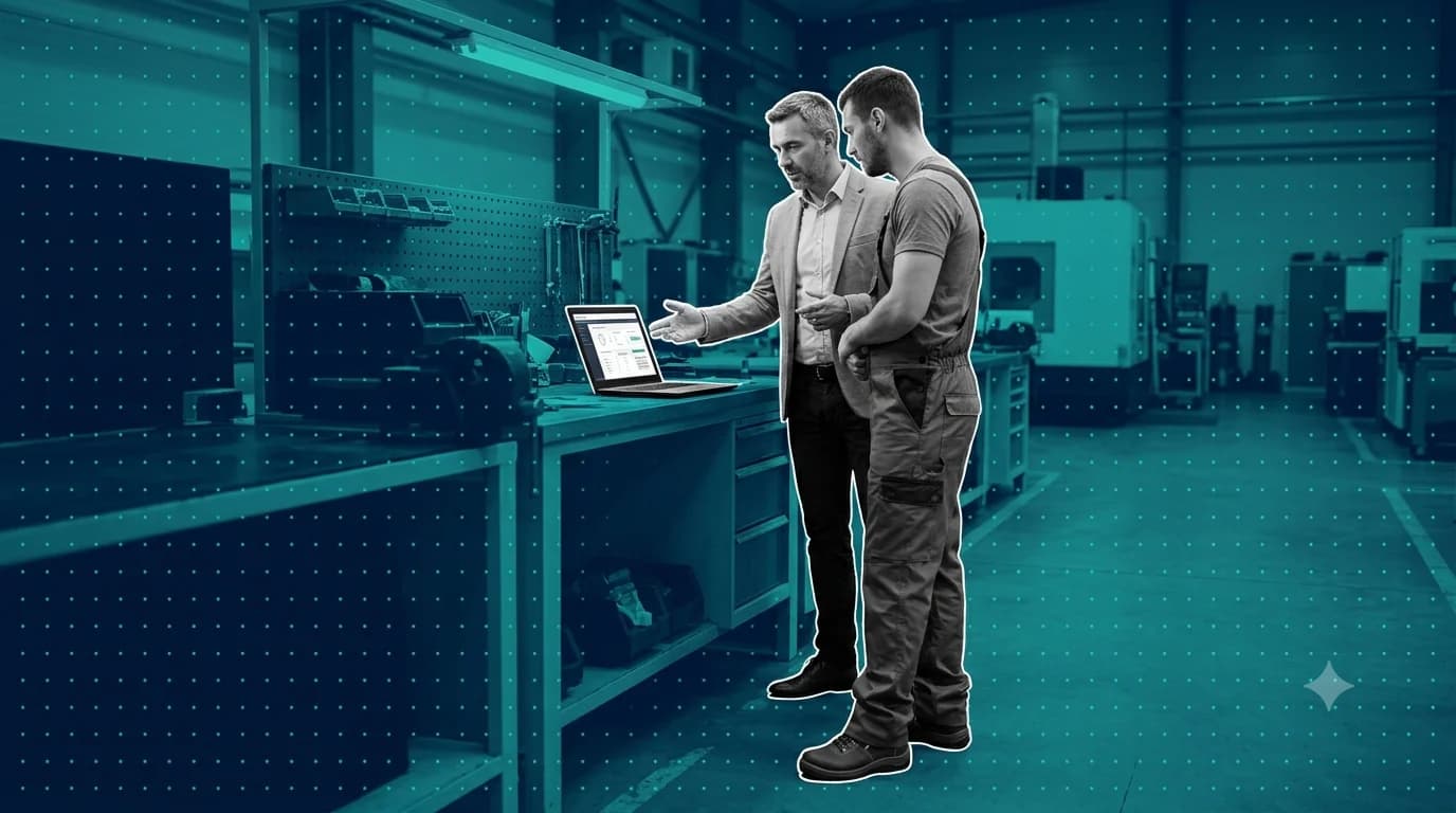 Plant manager and maintenance technician looking at a maintenance dashboard on a laptop at a factory workbench