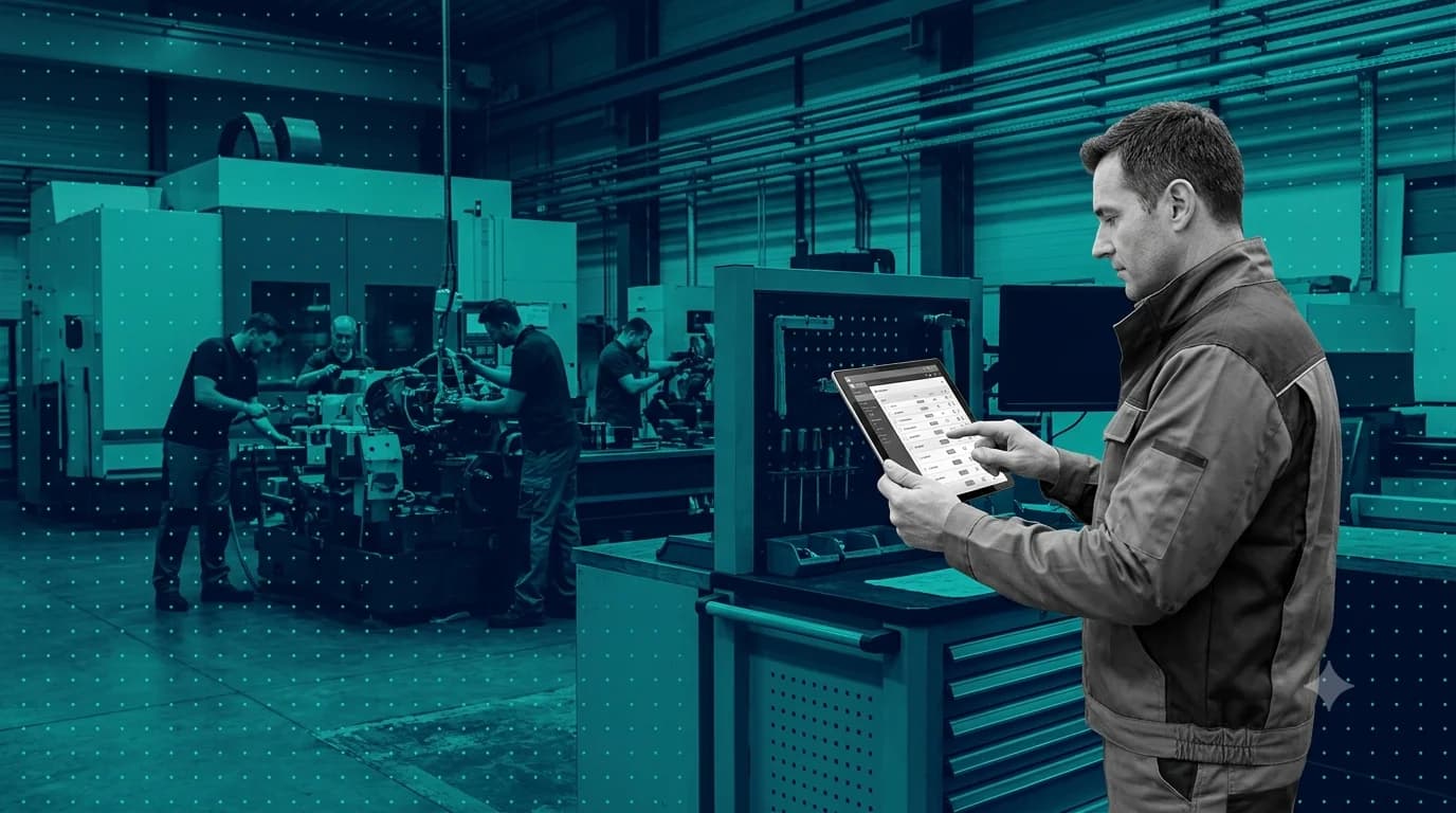 Maintenance supervisor reviewing a job list on a tablet at a shop-floor kiosk with technicians working in the background